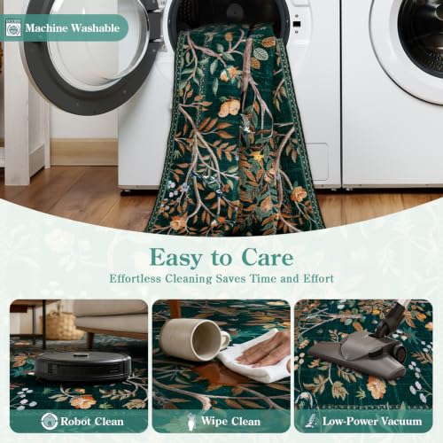 Image of Morebes Boho Floral Rug Runners for Hallways Non Slip, Flower 2.5x8 Kitchen Runner Rug Washable, Soft Botanical Indoor Carpet Floor Runner for Entrance Bedroom Bedside, Dark Green