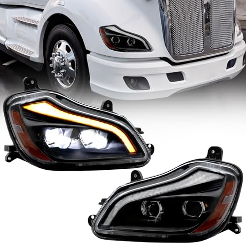 Sunhua LED Headlight Fit for Kenworth T680 2013-2021 LED Performance Headlamp DRL Black House Left Driver & Right Passenger Side (Left & Right Side)