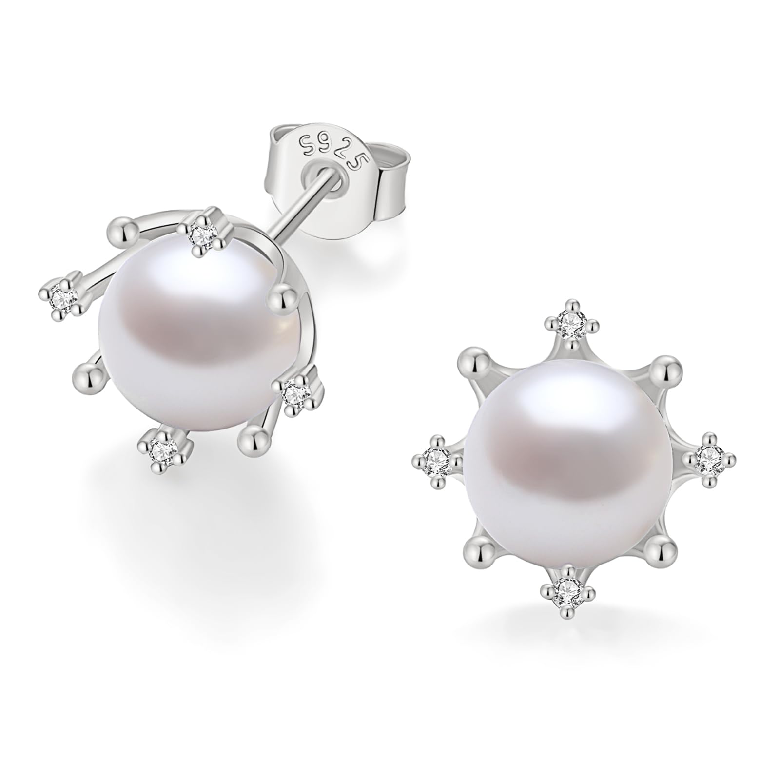 YAMI Pearl Stud Earrings - Genuine Cultured Pearls with 925 Sterling Silver & Cubic Zirconia Diamonds - Hypoallergenic Flower/Snowflake/Sun/Halo Style