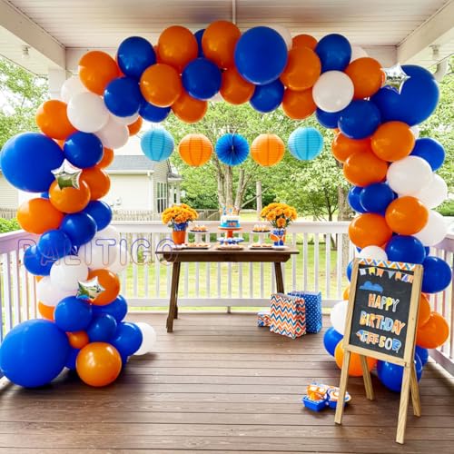 Blue, Orange and White Balloon Arch Kit with Silver Star Foil – Double-Stuffed 5" 12" 18" Balloons for Football, Back to School, Fall Baby Shower, Boys Birthday & Halloween Decor