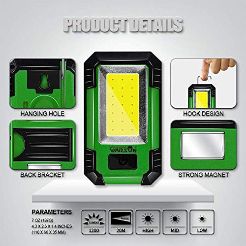 WARSUN Portable LED Rechargeable Work Light,Magnetic Base & Hanging Hook, 30W 1200Lumens Super Bright, 5000K, for Car Repairing, Camping, Hiking, Backpacking, Fishing, Hurricane, GREEN