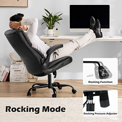 Office Chair - Ergonomic Executive Computer Desk Chairs With Adjustable Flip-Up Armrest, Swivel Task Chair With Lumbar Support, Strong Metal Base, Pu Leather, Black #TOP3