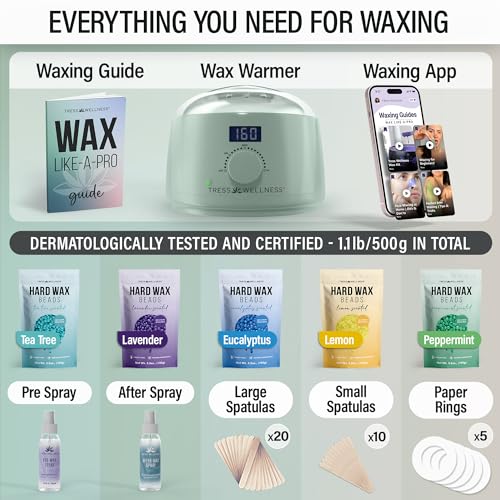 Image of Tress Wellness Waxing Kit for Sensitive Skin - Safe for Face & Skin, Prep & Aftercare Spray, Easy to Use - At-Home Kit for Face, Bikini, Brazilian & Full Body- Digital Display, Green