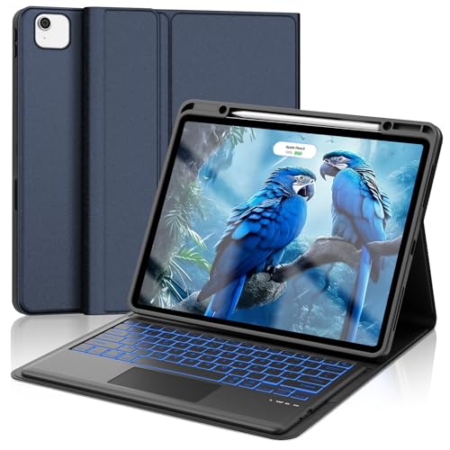 iPad Air 13インチ (M4 2026/ M3 2025/ M2 2024) iPad Pro 12.9インチ 第6/5/4/3世代 キーボード タッチパッド付き 7色バックライト 着脱式 軽量 薄型 磁気吸着 オートスリープ機能 ペン収納 耐衝撃 傷つけ防止 全面保護 Type-C充電式 日本語説明書 ブルー