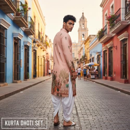 Image of Trustous Men's Printed Kurta Dhoti Set Traditional Ethnic Wear for Festivals & Weddings | Men's Stylish Printed Kurta with Dhoti Set | Traditional Indian Ethnic Wear for Men