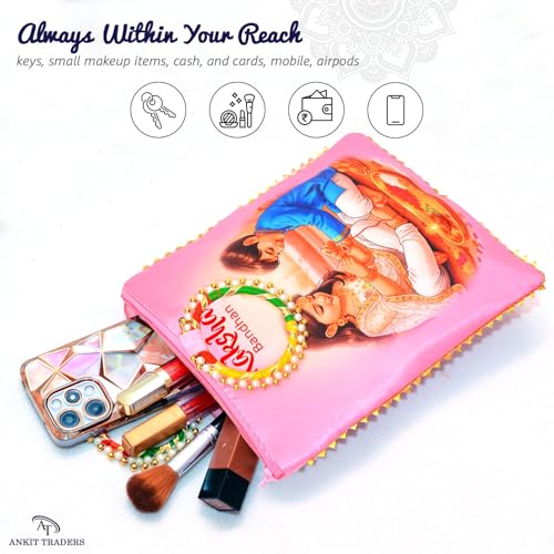 Image of Silk Raksha Bandhan Potli Bag for Women Return Gift Pack of 12 | Rakshabandhan Theme Ethnic Clutch with Ring Handle & Zipper | Rakhi Favour Pouch