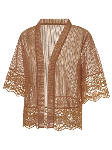 Image of Women Casual Lace Crochet Cardigan Short Sleeve Sheer Cover Up Jacket Ruffle Open Front Blouse Tops Summer Kimono Cardigans