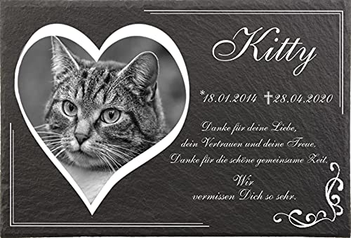 Tiergrabsteine mit Bild und Text Herzgravur für Katzen, Gedenksteine für Tiere mit personalisierter Gravur Katzen, Hunde, Haustiere Gedenksteine aus Naturschiefer 30x20 cm Cover