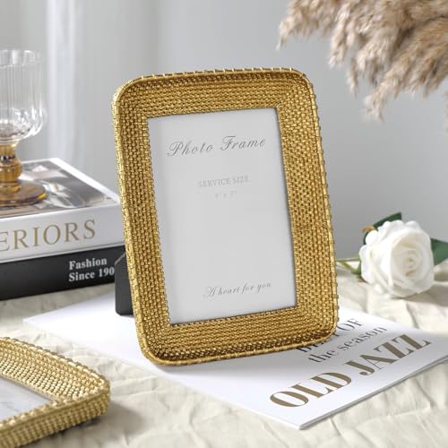 Vintage Gold 5x7 Picture Frame, Gold Metal Rattan Textured Hand-Crafted Photo Frame with Glass Front Antique Picture Frame for Tabletop Display & Wall Display, Retro Design Home Decor