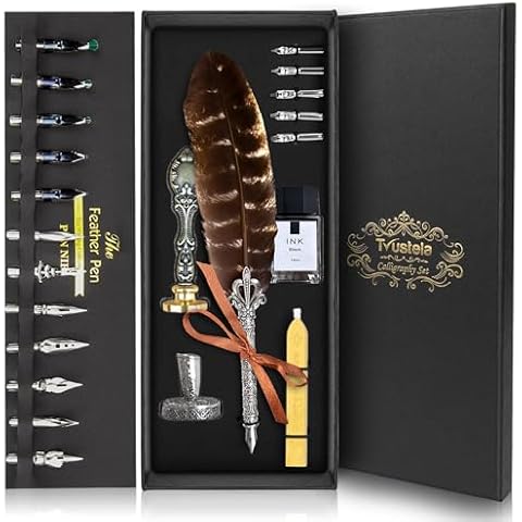 Trustela Feather Quill Pen Set - Calligraphy Dip Pen Set Includes Big Feather Pen With 18 Calligraphy Nibs And Pen Holder In A Gift Box For Writing And Antique Desk Decor (NaturalFeather) Cover