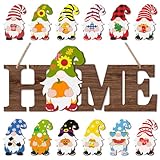 Yookeer Interchangeable Gnome Home Sign Wood Fall Thanksgiving Door Sign Seasonal Decoration with 12 Changeable Gnomes for Christmas Halloween Home Wall Decor(Dark Brown)