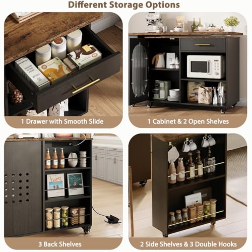 Image of HSH 71 inch Rolling Kitchen Island with Storage Seating on Wheels, Rustic Brown | Mobile Island Cart With 360 Swivel Tabletop, With Power Outlet, Storage Cabinet, Open Adjustable Shelves Fit In Microwave
