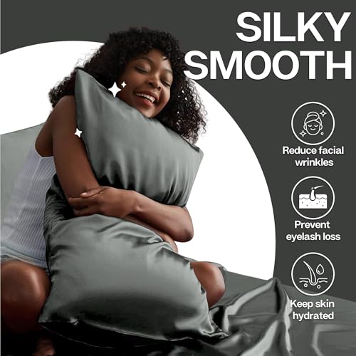 Image of MR&HM Satin Pillowcase for Hair and Skin, Silk Satin Pillowcase 2 Pack, Queen Size Pillow Cases Set of 2, Silky Pillow Cover with Envelope Closure (20x30, Dark Grey)