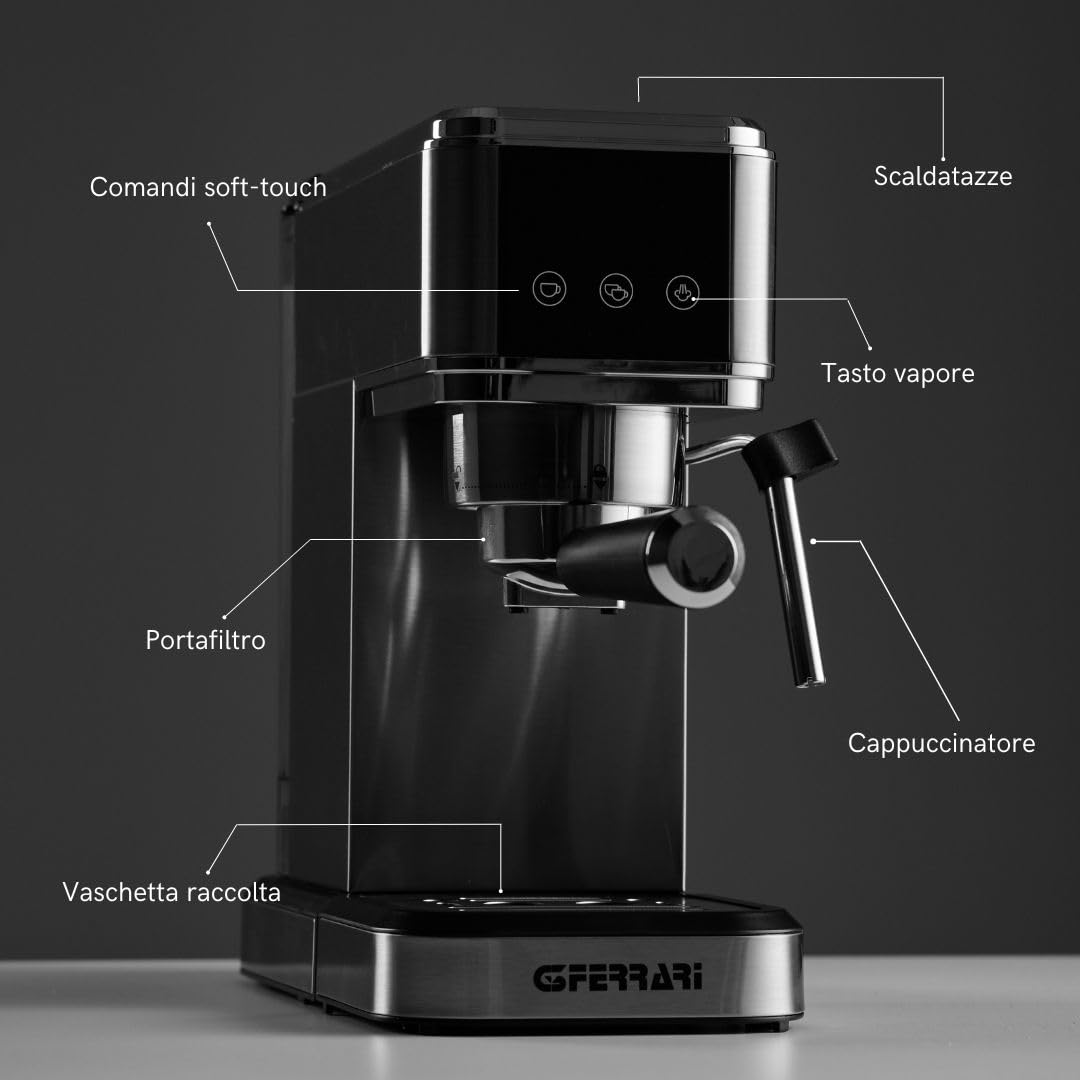 G3 Ferrari G10189 Tiffany Macchina da Caffè Espresso,15 Bar, Scaldatazze, Compatibile con Cialde e Caffè in Polvere, Funzione Standby e Sleep, Cappuccinatore, 3 Filtri INOX, Serbatoio 1L
