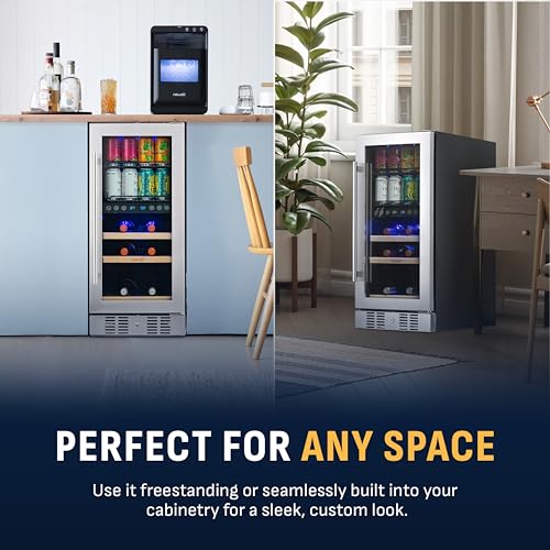 Image of NewAir 15 inch Dual Zone Beverage Refrigerator & Wine Cooler for 9 Bottles & 48 Cans | Freestanding or Built-In Under Counter Mini Fridge for Beer, Wine and Soda | Stainless Steel