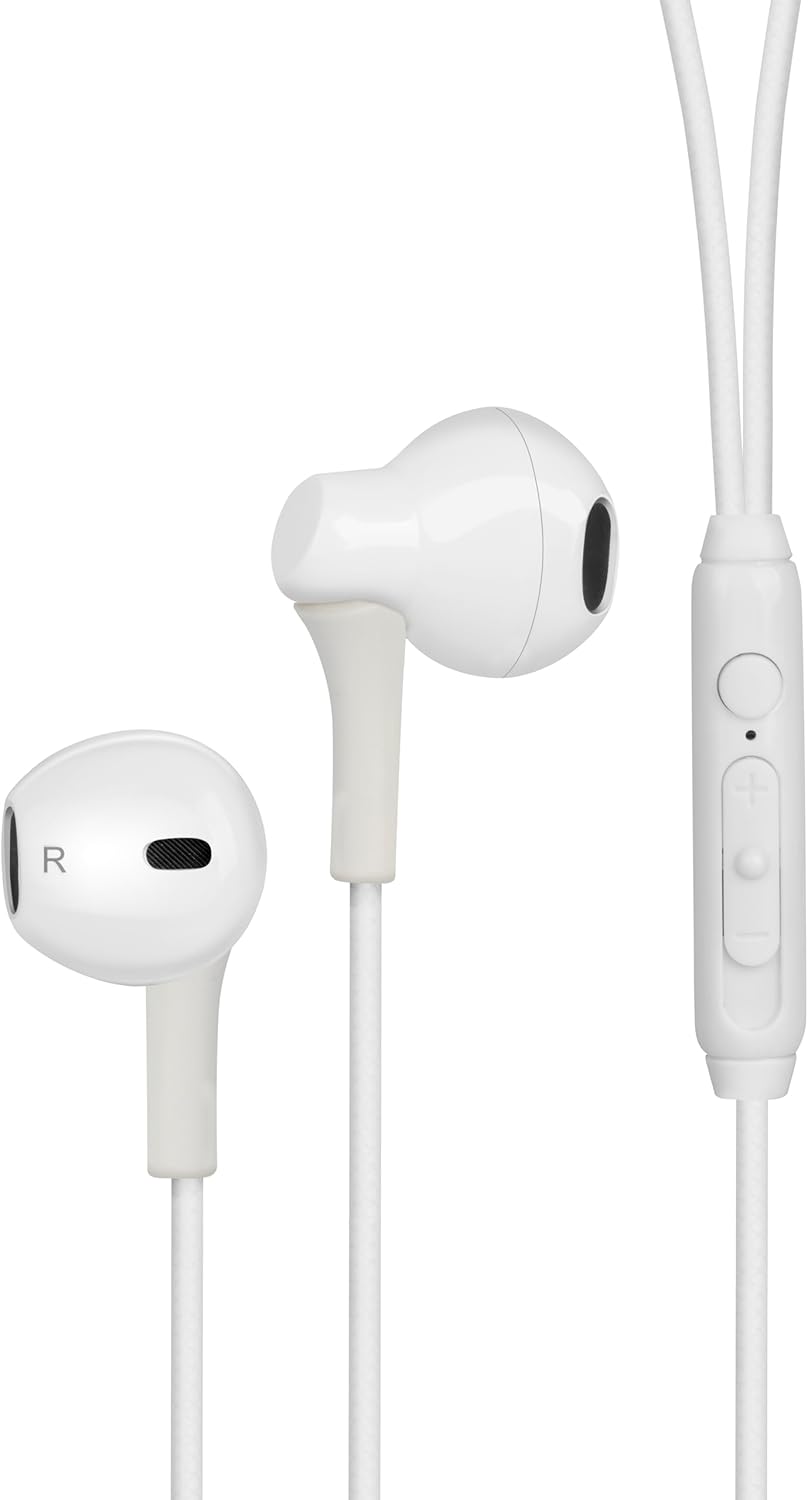 Two white in-ear earphones with a white cable connecting them.