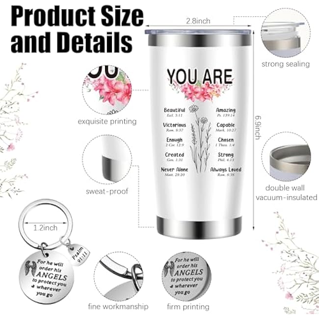 Aliceset 4 Pcs Christian Gifts for Women, Religious Tote Bag 20 oz Stainless Steel Tumbler Bible Keychain Catholic Makeup Bag(Floral)