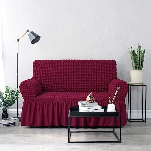 Image of Bails Sofa Cover 3 Seater and 2 Seater Fully Covered | Sofa Cover 3 Seater Fully Covered | Universal Elastic Bubble Fabric with Frill Sofa Protector Cover (Maroon, 3 Seater + 2 Seater)