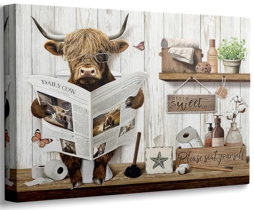 Funny Highland Cow Bathroom Wall Art Rustic Countryside Brown Cute Animal Painting Picture Wall Decor Highland Cattle Reading Newspaper on Toilet Poster Print Artwork for Bathroom Home Decoration