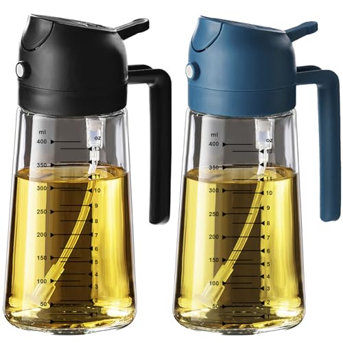 TrendPlain 16oz/470ml Glass Olive Oil Sprayer for Cooking – 2 in 1 Olive Oil Dispenser Bottle for Kitchen Gadgets and Air Fryer Accessories, Salad, BBQ - Black & Navy