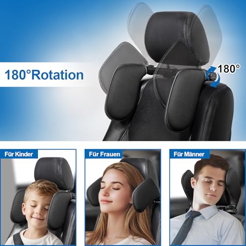 Spurtar Kopfstütze Auto Kinder Nackenkissen Auto Höhe einstellbar, 360 °Rotation, Weichem Gedächtnisschaum, für Kinder und Erwachsene, Nackenstütze Auto zum Schlafen - Schwarz