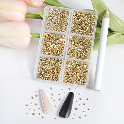 Image of Beadsland 7200pcs Flatback Rhinestones,Gold Rhinestone Nail Gems Round Crystal Rhinestones for Crafts,Mixed 6 Sizes with Wax Pencil Kit, SS3-SS10,Metal Sunlight | Glass Nail Gems, Round Crystal, With Wax Pencil Kit, SS3-SS10, Gold