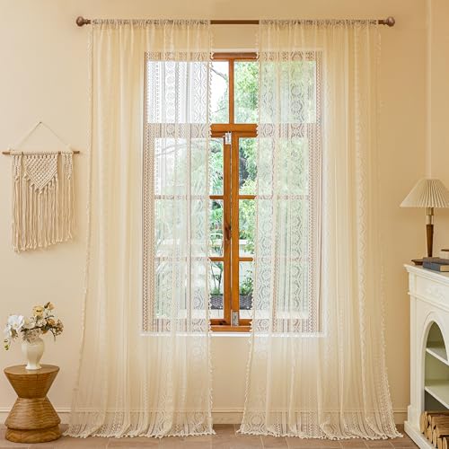 Image of MYSKY HOME Beige Boho Lace Sheer Curtains with Tassels 96 Inch Length 2 Panels Vintage Floral Bohemian Rustic Crochet Geometry Light Filtering Privacy Rod Pocket Drapes for Living /Dining Room, 55 inch W