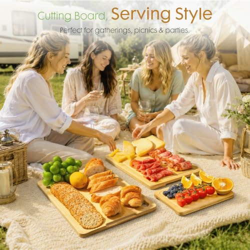 Image of Astercook Nature Bamboo Cutting Boards for Kitchen with Wood Storage Stand, Reversible Charcuterie & Chopping Boards with Juice Grooves and Easy-Grip Handles