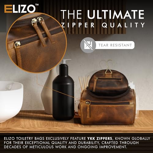 ELIZO Premium REAL Leather Toiletry Bag for Men Dopp Kitt Hanging Mens Toiletry Large TSA Toiletries Bag Shaving Grooming Bag Organizer