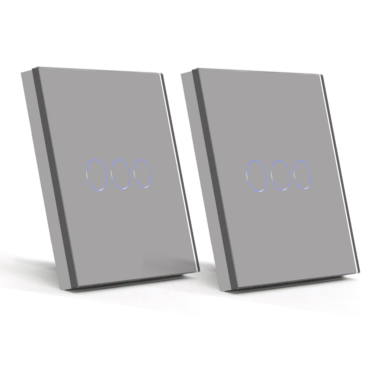 BSEED 2 Pack Touch Light Switch 3 Gang 1 Way, Tempered Glass Panel Light Switches with LED Indicator,Grey Touch Sensitive Light Switch-No Neutral Wire