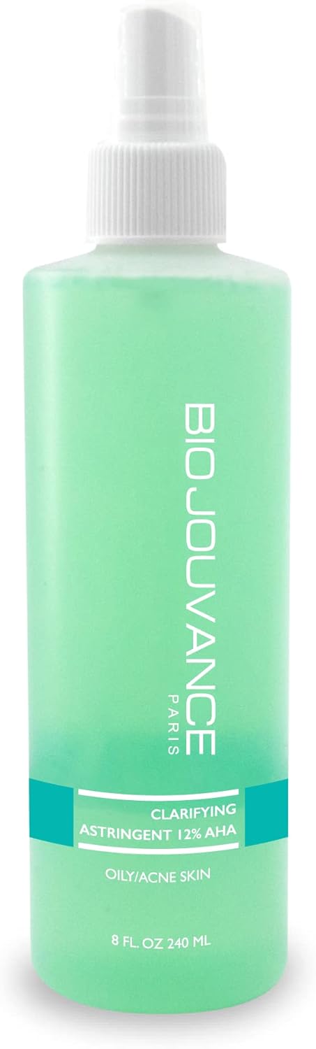 Clarifying Astringent 12% AHA Toner 8oz / 240ml - for Normal/Oily/Acne-Prone Skin | Tighten Pores | Gentle Face Wash & Makeup Remover | Daily Skin Care Treatment | Made in France