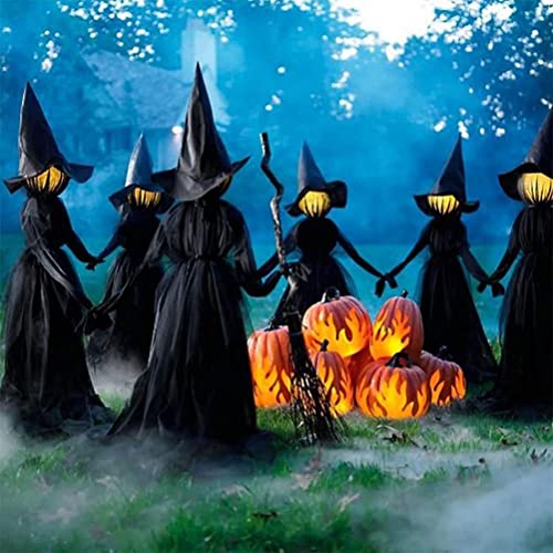 Mrisata Multicolor LED Lighted Halloween Witches Set Outdoor Light Up Luminous Holding Hands Witches with Stakes with Glowing Head for Yard Outside