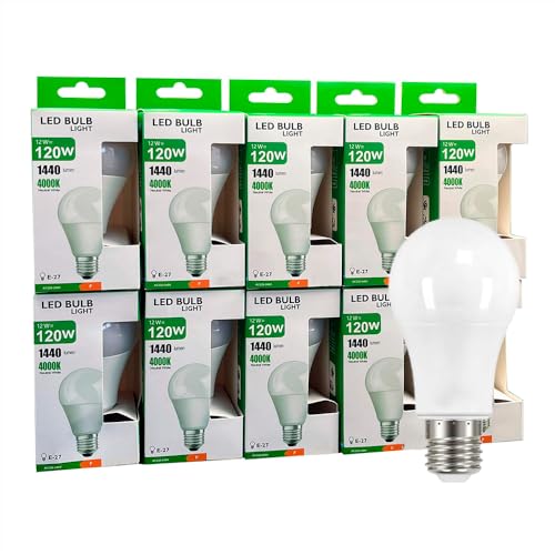 FactorLED Bombillas LED E27 12W, 1440 lúmenes gran luminosidad, Bombilla A60 casquillo gordo, No regulable, Ángulo 180º, Pack 10 unidades (4000K)
