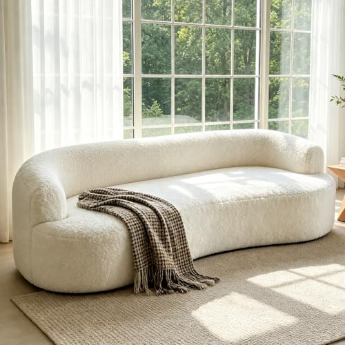 MonicaNest Curved Sofa, Boucle Upholstered, Ivory White, Sculptural No-Base Design,