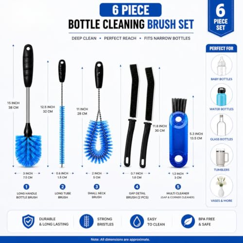Image of 6-in-1 Bottle Cleaning Brush Set, Long Handle Stainless Steel Bottle Cleaner Brush with Straw Cleaner, Lid Brush & Gap Cleaner for Water Bottles, Stanley Tumblers, Baby Bottles, Mugs