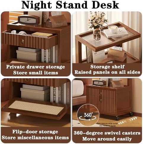 Small Night Stand for Small Spaces, Wooden Bedside Table with Drawers & 360° Rolling Shelf, Versatile End Table for Living Room, Bedroom, or Balcony Storage