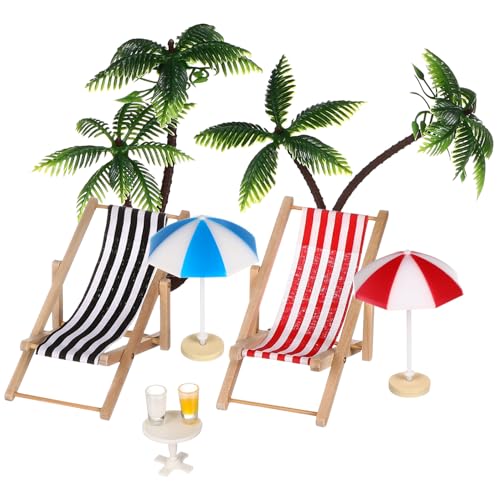 HONITANO Ensemble Miniature de Plage en Résine 2 Palmiers, 2 Parasols, 2 Chaises Longues, 2 Boissons et Table à Thé Ronde – Décoration Maison de Poupée...