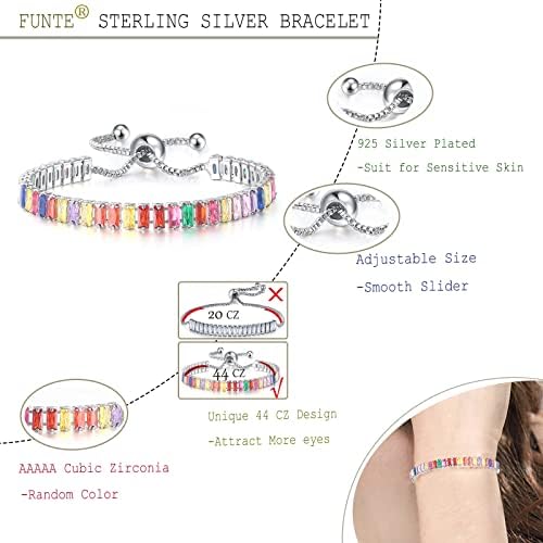 FUNTE® Silver Bracelet for Women- S925 Sterling Silver Tennis Bracelet- Womens Crystal Slider Bracelet- Sparkle Diamond Zirconia Adjustable Bracelet for Girls Lady - Great Gift with Jewellery Box