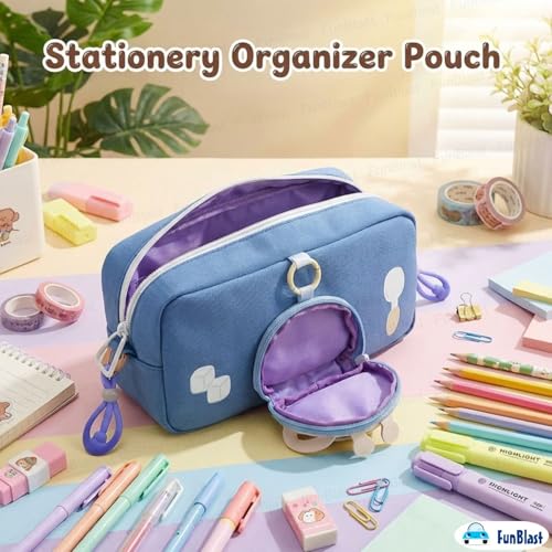 Image of FunBlast Pencil Pouch for Girls - Cartoon Pouch with Hanging Strap & Coin Pouch, Multipurpose Zipper Case, Aesthetic Pouches for Girl, Kawaii Pencil Case, Cute Pouches for Girls (Blue)