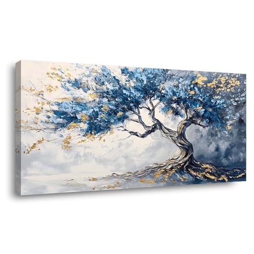 Blue and Gold Tree of Life Canvas Wall Art Modern Abstract Botanical Painting Flat Print Gallery Wrapped Artwork for Living Room Bedroom Bathroom Decor, 40X20 INCH