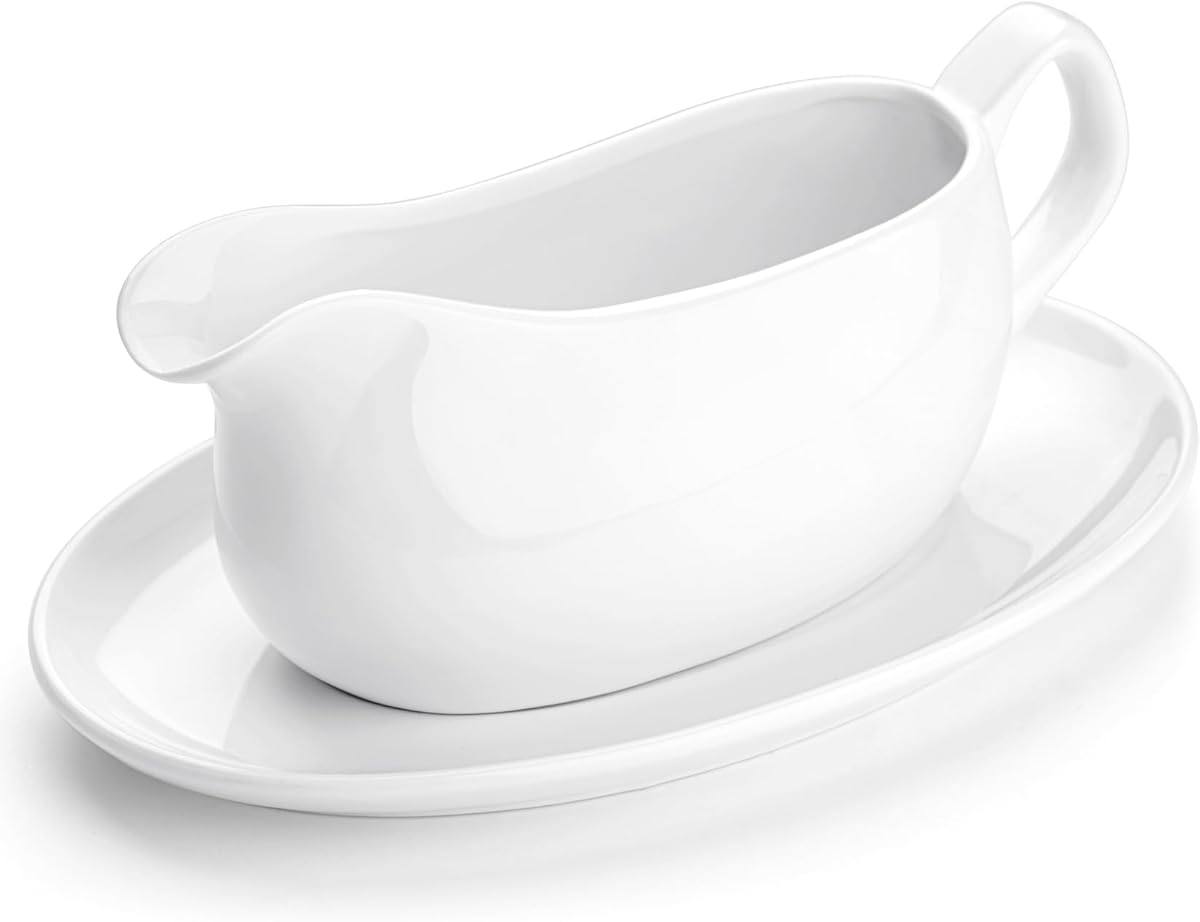 Nucookery Large 17 Oz Gravy Boat with Saucer, White Fine Porcelain Saucier With Big Dripless Lip Spout, Bowl For Thanksgiving, Warming Sauces, Salad Dressings, Milk, More, Microwave & Freezer Safe