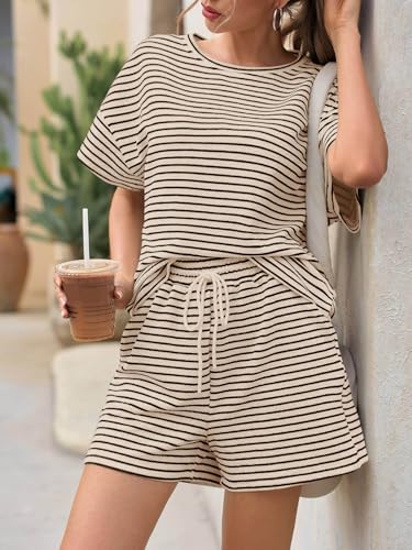Image of Tankaneo Womens Pajama Sets Striped 2 Piece Lounge Sets Short Sleeve Oversized T Shirts Drawstring Shorts Matching Set