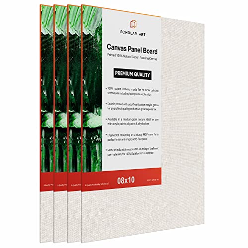 Image of Scholar Art Hobby Series 04 Oz (230 GSM) 100% Cotton Canvas Panel Board for Painting (White Blank Canvas Boards for Acrylic Paint, Oil Paint, Wet & Dry Media) | 08 inchx10 inch (20x25 cm), Pack of 4