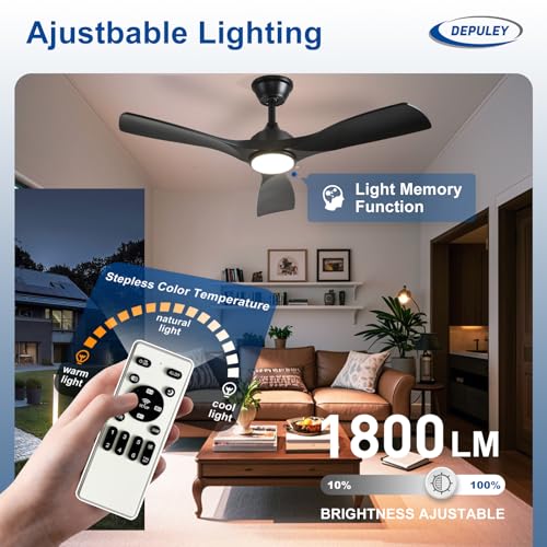 Image of Depuley 42-Inch Ceiling Fan with Light: Black 3 Blade Outdoor Fans for Patios - Dimmable Ceiling Fan with Remote Control Fandelier Quiet DC Motor Reversible 6 Speed Timer