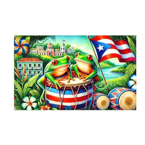 Image of BlissYard Puerto Rico Banner 71 x 43 inchs Boricua Frog Drum Flag Backdrop Tropical Island Festival Wall Decor for Puerto Rican Party Parade Cultural Event Home Decoration