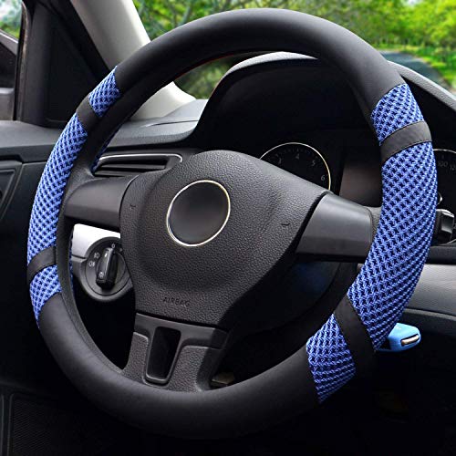 BOKIN Steering Wheel Cover for Men and Women, Universal 14.5-15 inch, Auto Car Microfiber Leather, Breathable Ice Silk Steering Wheel Covers, Cool in Summer and Warm in Winter, Blue