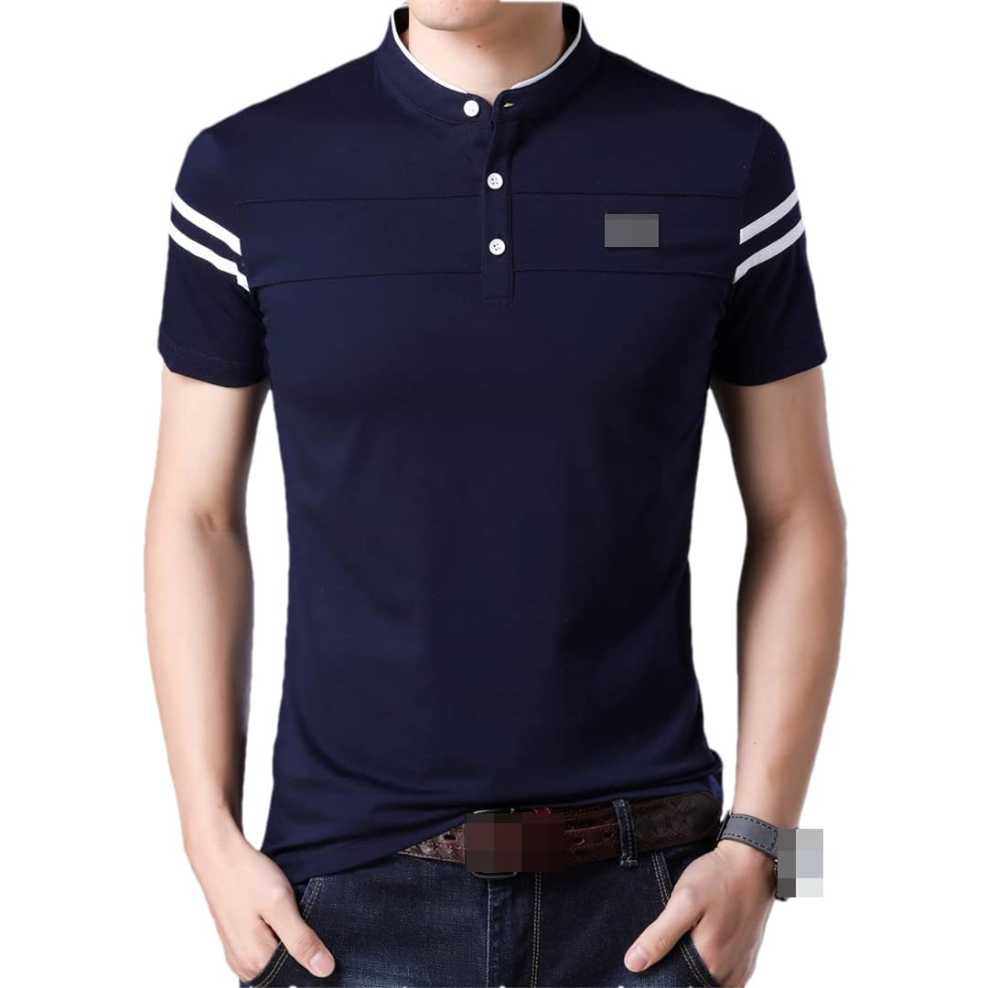 Disimlarl Maglietta da uomo con colletto alla coreana a righe con lettera a maniche corte in cotone estivo Business Casual Top, blu navy, XL