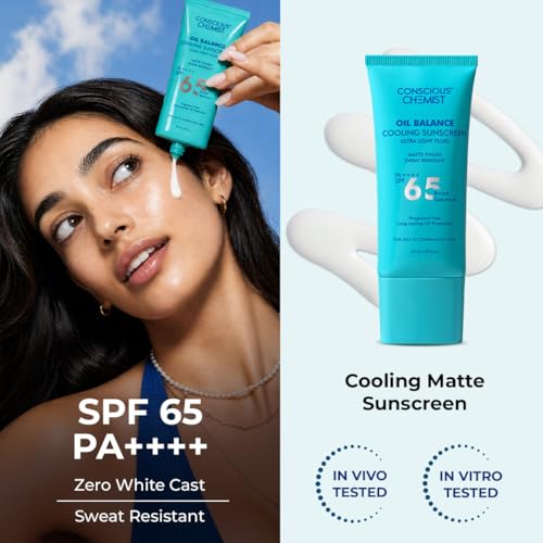 Image of Conscious Chemist Oil Balance Cooling Sunscreen SPF 65 PA++++ | In Vivo Tested | Gel Based Matte Finish with Niacinamide & Hyaluronic Acid, Sweat Resistant, Lightweight, UVA /UVB Protection | Men & Women, All Skin Type - 50ml