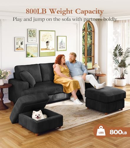 Image of Kidirect 87in U Shaped Couch, Modular Sofa No Tool Assembly, Comfy Sectional Couches for Living Room 21in Deeper Seats, Corduroy Sofas for Living Room with 2 Pillows, Loveseat Sofa Set, Black Couch