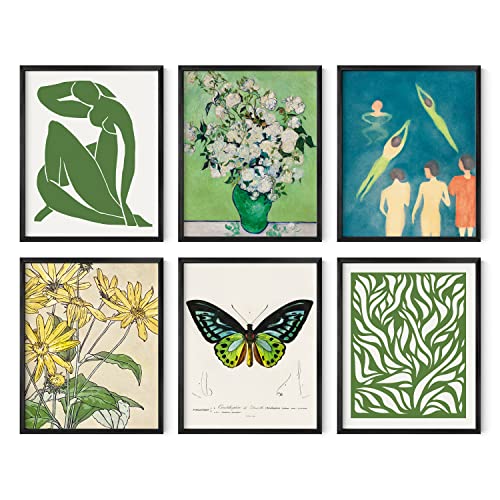 HAUS AND HUES Gallery Wall Art Set of 6 - Vintage, Abstract, Boho, Nature, Coastal and Aesthetic Posters for Room Decor (Green Gallery, 16x20, Black Framed)